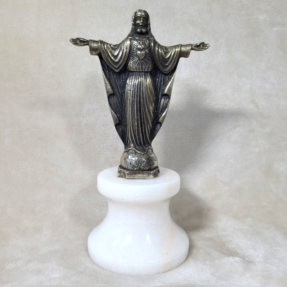 Sacred Heart Of Jesus Brass Statue Figurine Religious Decor Idol Marble Base